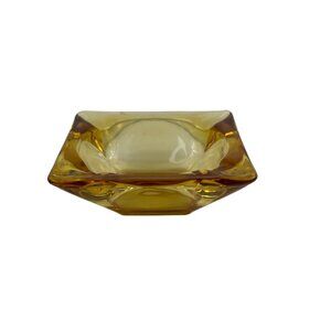 Vintage Mid Century Modern Amber Glass Square Cigar Cigarette Ashtray